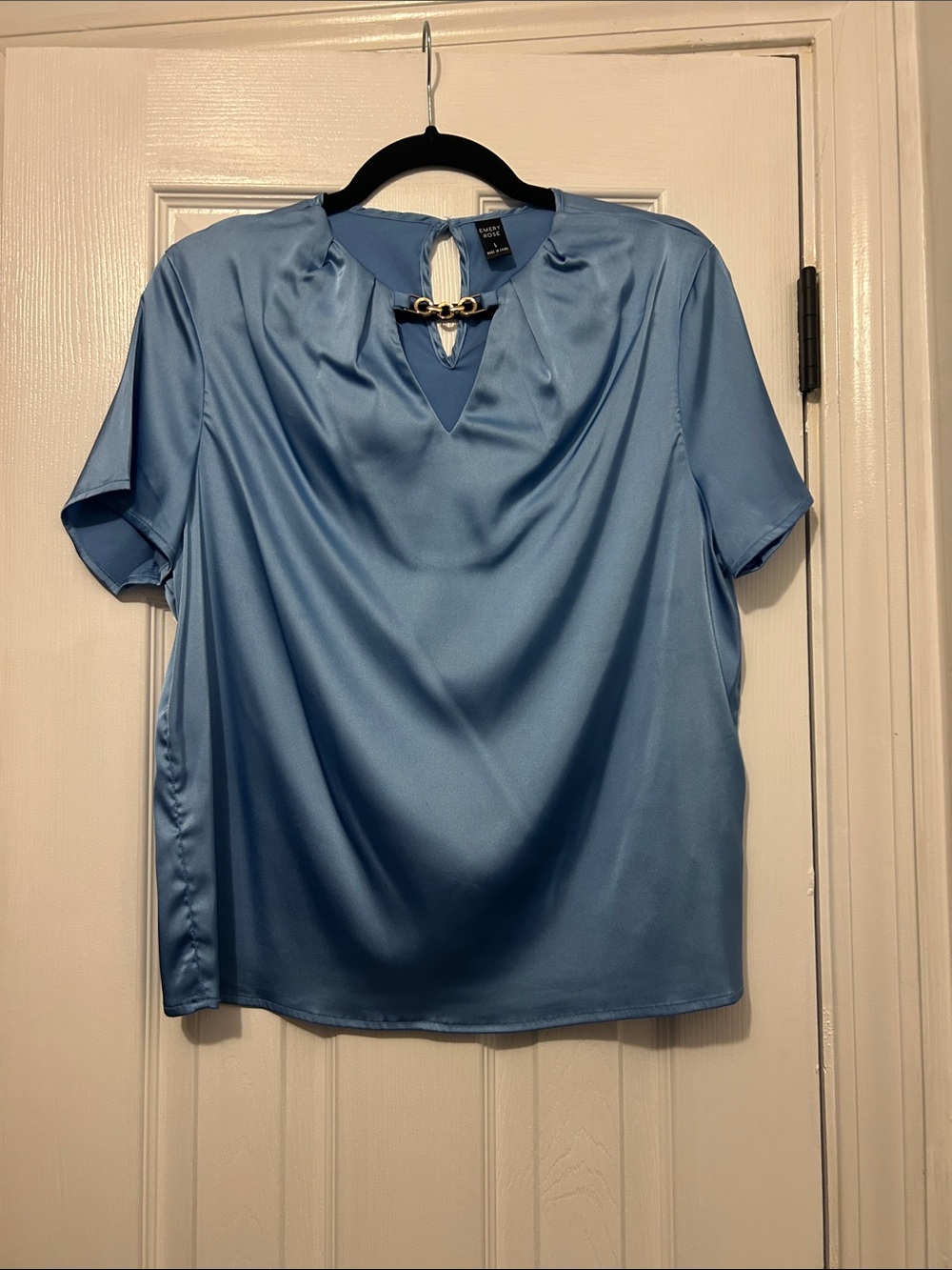 Light Blue Satin Keyhole Short-Sleeve Blouse